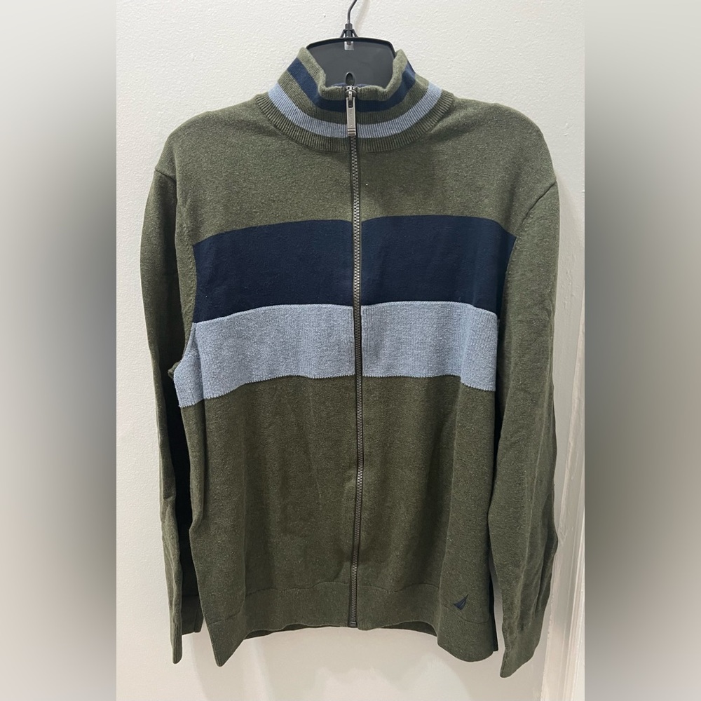 Nautica Men's Green and Blue Zip-Up Sweater